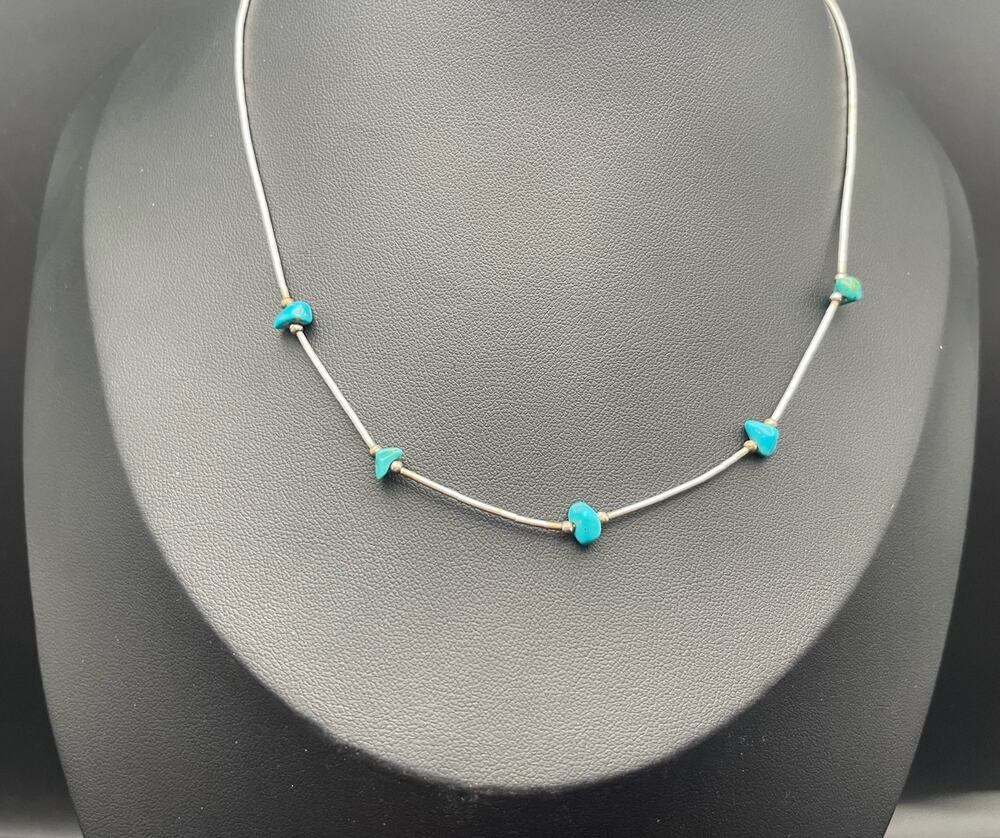 Liquid Silver 16" Station Necklace Beaded Turquoise Chips Barrel Clasp Vintage